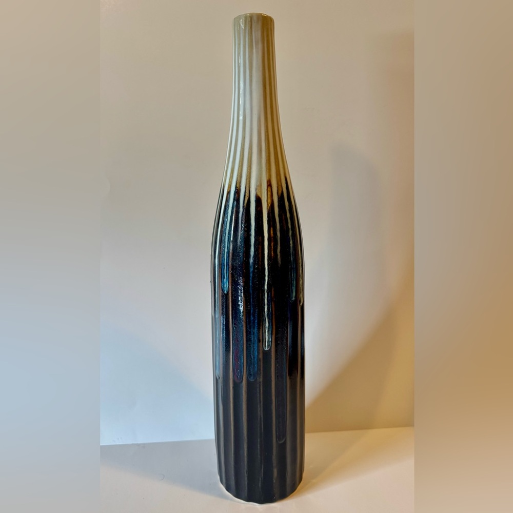 Elegant Tall Black and Cream Ceramic Vase With Blue and Purple Drip Glaze